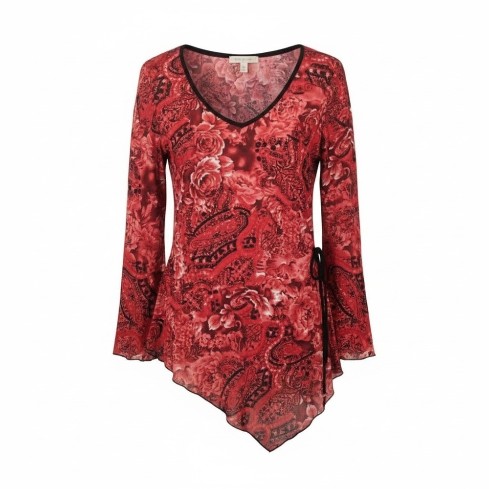 Vtg Y2K Paisley Floral Top Women M Bell Sleeve Whimsigoth USA Steampunk Vampcore